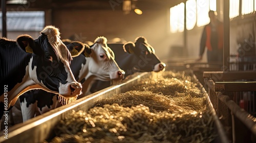 Healthy dairy cows feeding on fodder standing in row of stables in cattle farm barn with worker adding food for animals in blurred background. Agriculture environment illustration. Generative AI