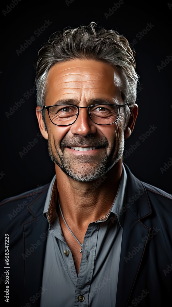 Portrait of a mature businessman wearing glasses on background. Happy senior latin man looking at camera over grey wall with copy space. Man portrait illustration. Generative AI Portrait of a mature businessman wearing glasses on background. Happy senior latin man looking at camera over grey wall with copy space. Man portrait illustration. Generative AI
