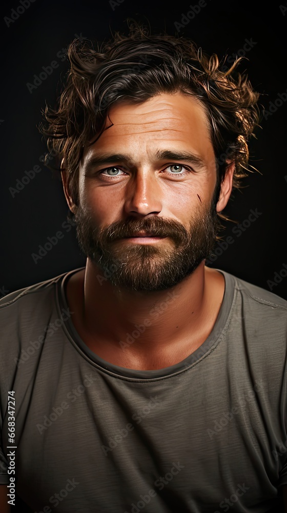 Portrait of a young cheerful excited bearded man wearing t-shirt standing over background, using mobile phone. Man portrait illustration. Generative AI Portrait of a young cheerful excited bearded man wearing t-shirt standing over background, using mobile phone. Man portrait illustration. Generative AI