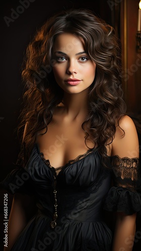 Portrait of a beautiful brunette woman with long wavy hair. Model illustration. Generative AI