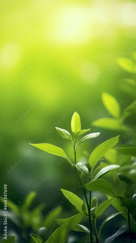Obraz premium Fresh green leaves with bokeh effect. Nature abstract background.