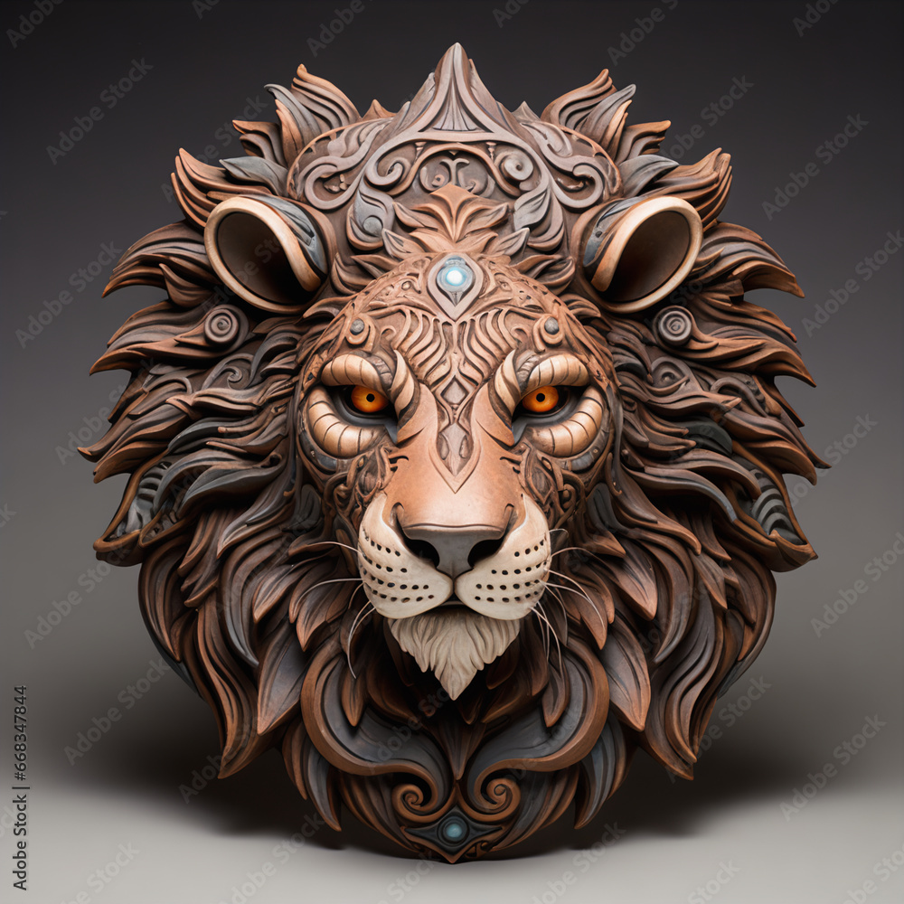 Exquisite Lion Design: Aged Tribal Clay Mask with Weathered Texture