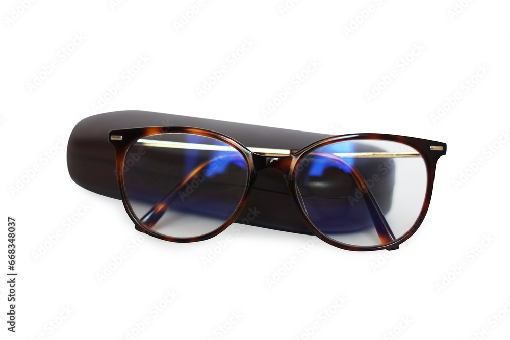 Glasses next to a case on a white background Glasses next to a case on a white background