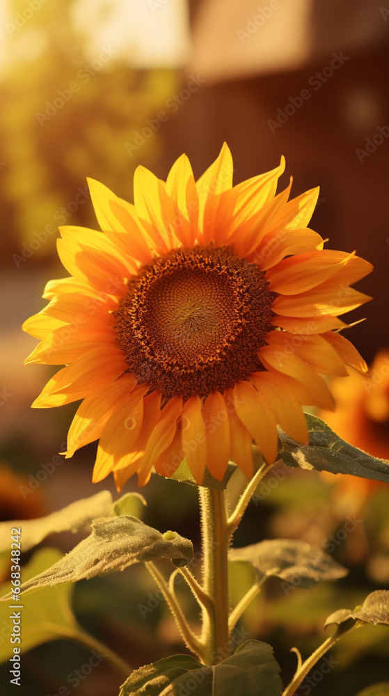 Fototapeta premium Sunflower field at sunset. Sunflower blooming in the garden