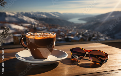 filiżanka kawy, okulary na stoliku kafejki, z którego widać panoramę gór