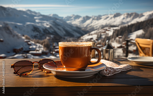 filiżanka kawy, okulary na stoliku kafejki, z którego widać panoramę gór photo