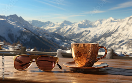 filiżanka kawy, okulary na stoliku kafejki, z którego widać panoramę gór