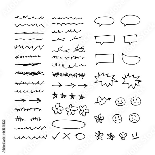 BIG Set of Doodles. Hand drawn Arrows, Lines, Highlighters, Speech Bubbles, Flowers, Smileys, Stars, Skull and Heart in Grunge, Rough, Sketchy Style. (Full Vector)