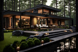 luxury modern villa with black facade surrounded by forest. Generative AI