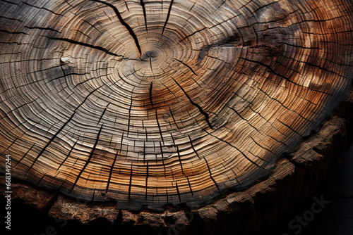 A cross-section of a tree trunk  illustrating growth rings and the history of a forest giant. Concept of dendrochronology and ecological history. Generative Ai.