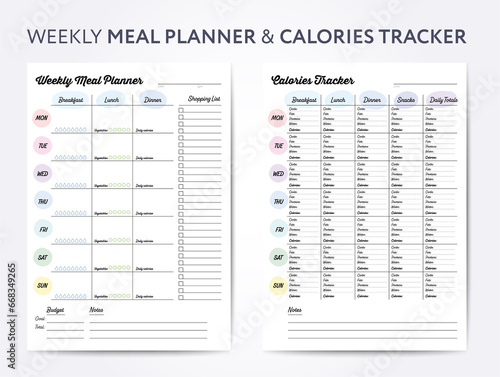 Weekly meal planner and calories tracker, digital planner with shopping list. Vector illustrationWeekly meal planner and calories tracker for healthy eating, digital planner shopping list vector illus photo