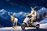 A white reindeer dressed in a winter jacket and pants rides an electric scooter. In the background is a picture of a mountain at night in winter.  Christmas 2023. Xmas Illustration. Generative AI.  