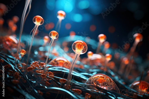 Microscopic view of ciliated cells in a freshwater organism, revealing their vital role in locomotion. Concept of cell biology and microfauna. Generative Ai. photo