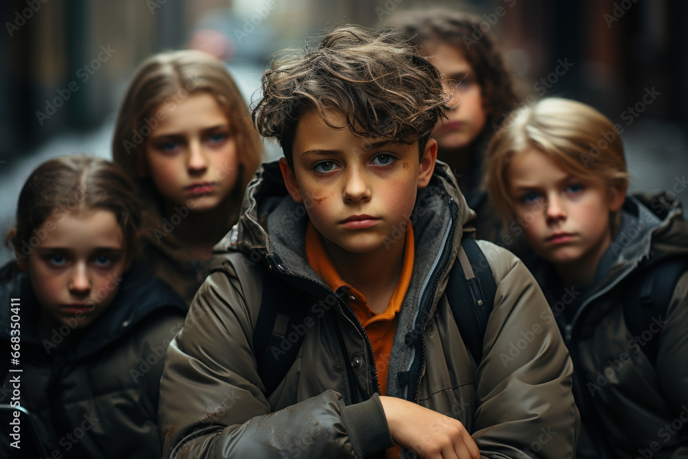 A group of friends supporting a bullied classmate, emphasizing the importance of addressing childhood bullying. Concept of anti-bullying efforts in schools. Generative Ai. A group of friends supporting a bullied classmate, emphasizing the importance of addressing childhood bullying. Concept of anti-bullying efforts in schools. Generative Ai.