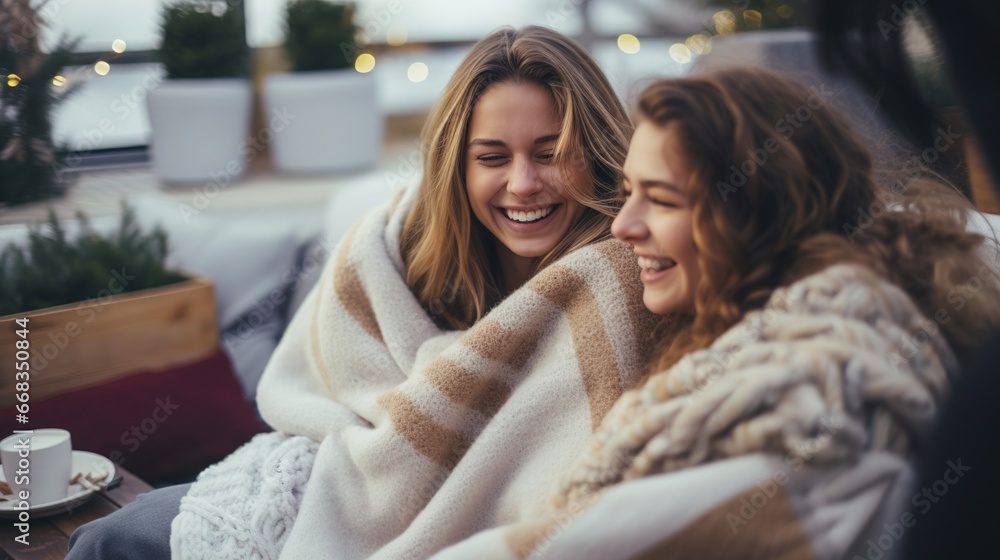 Two young women friends, wrapped in a warm blanket, warm themselves, drink hot drinks in a cozy atmosphere. Active communication and friendship in winter.