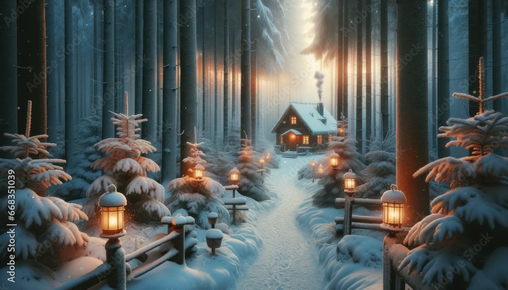 Dreamy snowy forest at dawn, tall pines with fresh snow, pathway illuminated by vintage lanterns, hidden cottage, smoke from chimney symbolizing warmth and togetherness. - obrazy, fototapety, plakaty 