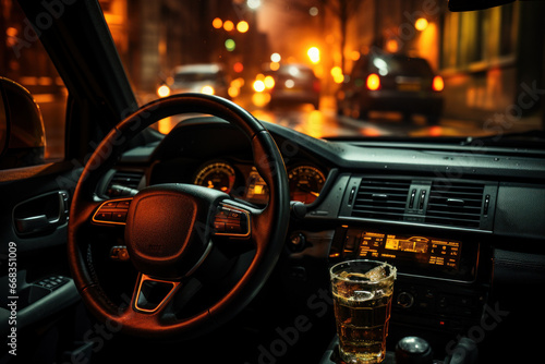 A driver's blurred vision due to alcohol consumption, underscoring the dangers of drunk driving. Concept of impaired driving. Generative Ai. © Sebastian