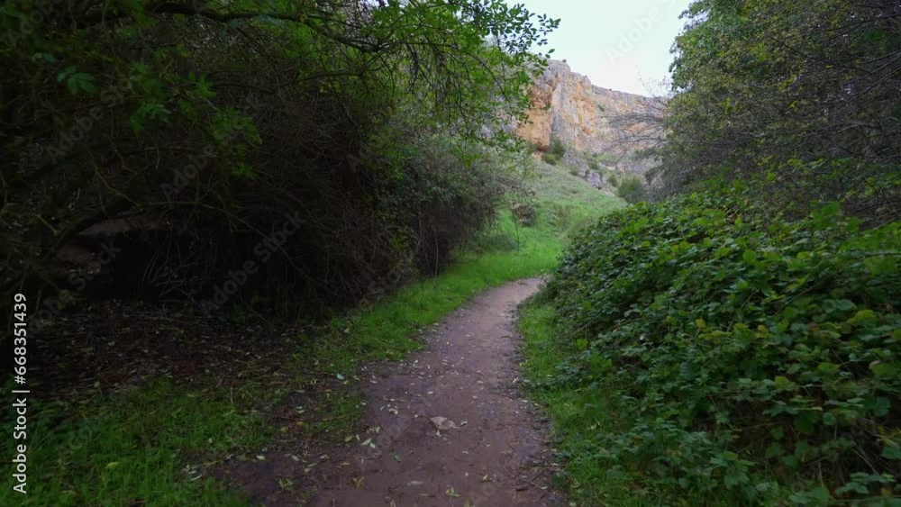 Hiker riding on a path in the enclosed forest with mountains of rock in the background, Segovia, Spain.