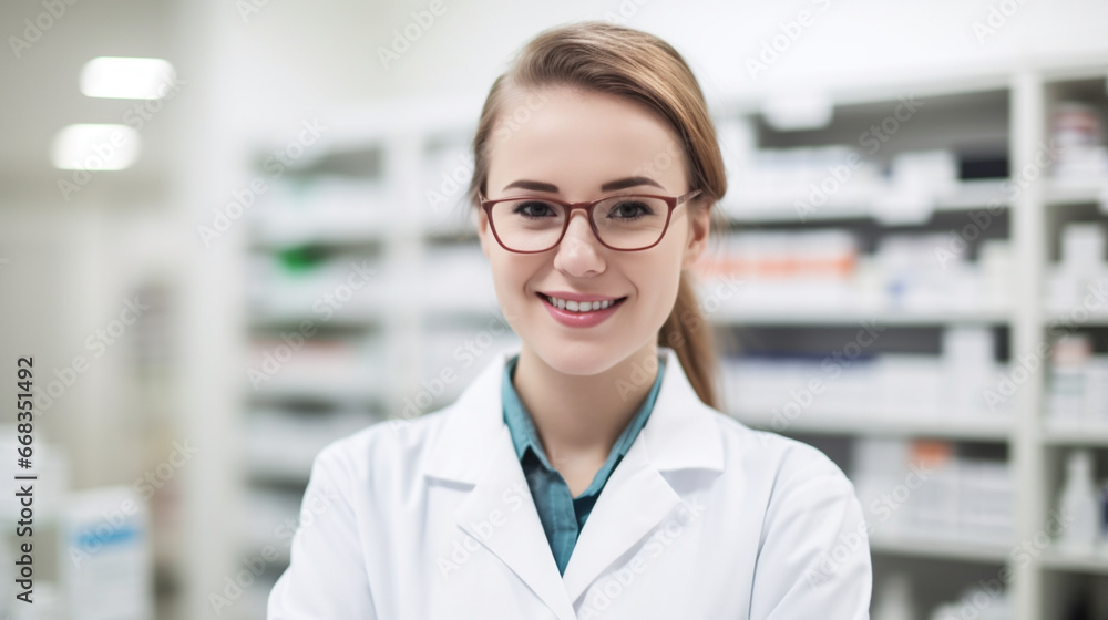 Fictitious smiling caucasian female pharmacist AI generative