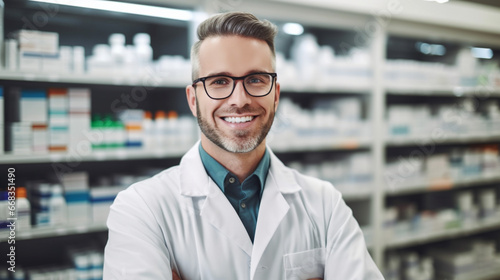 Fictitious smiling caucasian male pharmacist AI generative