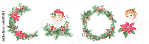 Set of compositions with angels and winter plants, Christmas wreaths. Forest pine branches with cone, red poinsettia, holly with red berries, cowberry, lingonberry branch. Watercolor hand painted