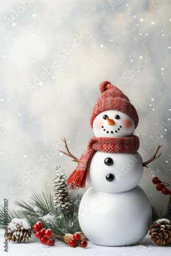 Snowman, red and white hat on white background with snow. christmas and happy new year greeting card.
