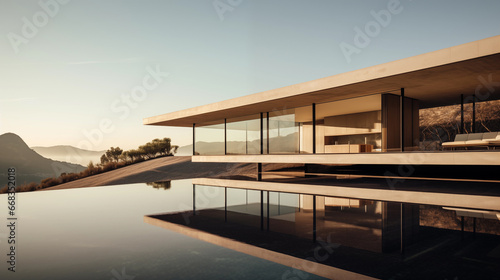 Contemporary design meets nature: sleek lines, flat roofs, and expansive glazing frame the undulating landscape, harmoniously blending built form with the environment. Generative AI.