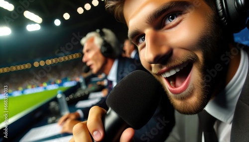 Commentators are covering a live match in a broadcast booth. photo