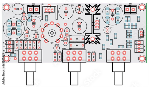 Vector multilayer printed circuit board of an electronic 
device with components of radio elements, radiator and regulators,
 contact pads. Engineering technical drawing. Pcb electric background. 