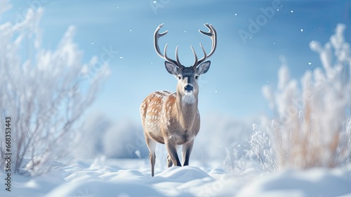 a deer prancing gracefully through a snow covered meadow serene winter scene generative AI © Brandon