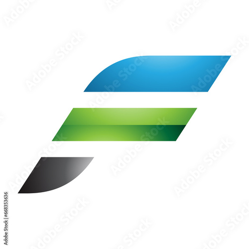 Blue and Green Glossy Letter F Icon with Horizontal Stripes