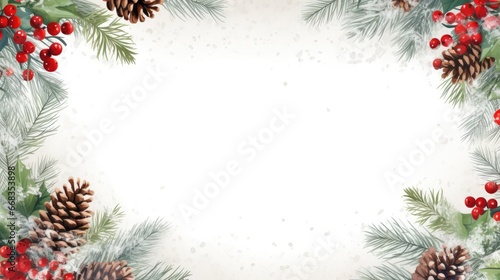 a frame made of evergreen branches with pinecones , vector, graphic design, white background, generative AI
