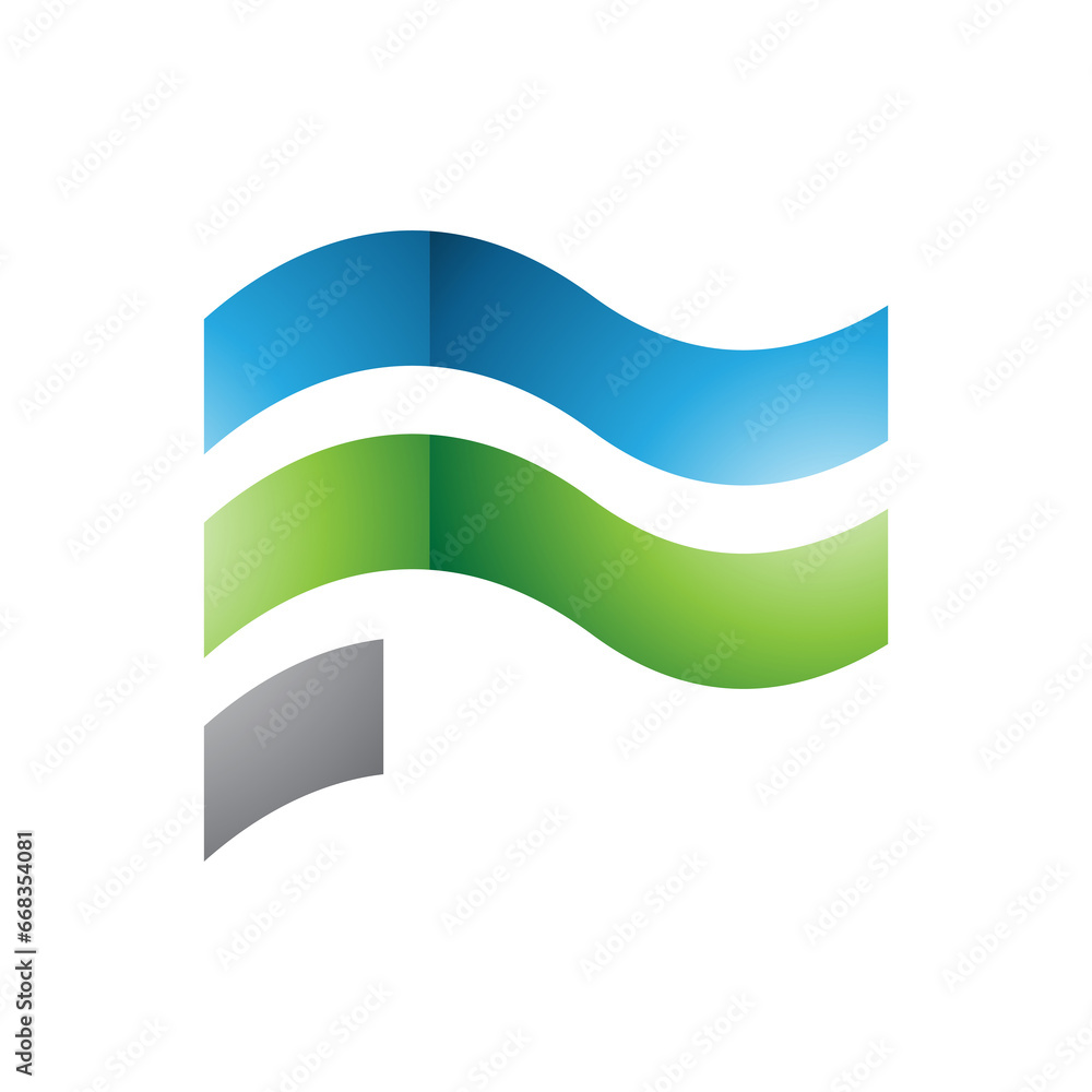 Blue and Green Wavy Glossy Flag Shaped Letter F Icon