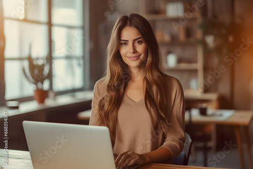 Junge Frau mit langen braunen Haaren hinter einem Laptop in einem Boho Büro photo