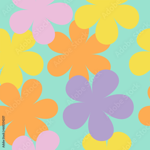 Summer fresh trend color vector seamless pattern. Colorful art abstract bright geometric print. Pastel yellow, pink, purple rose, orange flowers on watery aqua background. Spring fabric. Wallpaper.