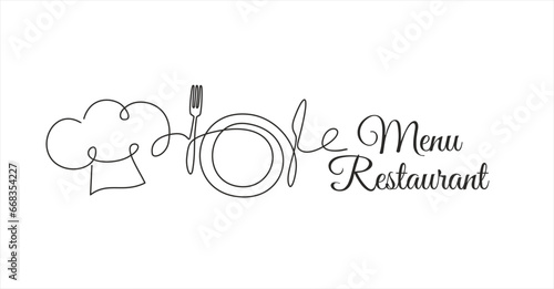Continuous one single line drawing of fork, spoon and chef hat or cap . Restaurant menu. Menu food design. Illustration with quote template. Can used for menu restaurant sketch