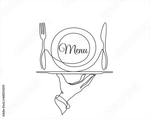 Continuous one single line drawing of hand holding dish with plate, fork and knife. Menu food design. Vector illustration.