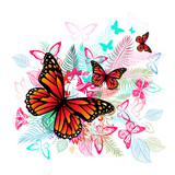 Abstraction with butterflies and palm leaves on a white background. hand drawing. Not AI, Illustrat3. Vector illustration