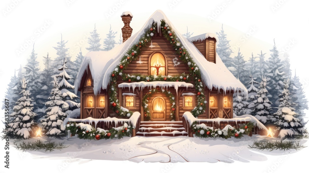 a snowy lodge decorated with garlands and lit candles in each window, inviting and cozy, vector, graphic design, white background, generative AI a snowy lodge decorated with garlands and lit candles in each window, inviting and cozy, vector, graphic design, white background, generative AI