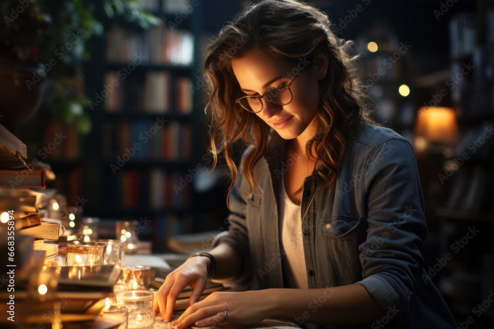A librarian cataloging and organizing books in a library, promoting knowledge access. Concept of library services. Generative Ai. A librarian cataloging and organizing books in a library, promoting knowledge access. Concept of library services. Generative Ai.