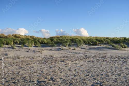 Der Strand der holländischen Nordseeinsel Schiermonnikoog ist sehr breit. Strandgras wächst auf den Dünen, über denen einige kleine Wolken hängen. 