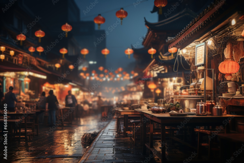 A bustling night market with colorful stalls and vibrant street food. Concept of local culture and culinary diversity. Generative Ai.