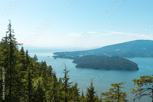 Beautiful view of the ocean and islands from the top of Mount Gardner, Bowen Island, British Columbia, Canada. Mt. Gardner is the highest point on Bowen Island.