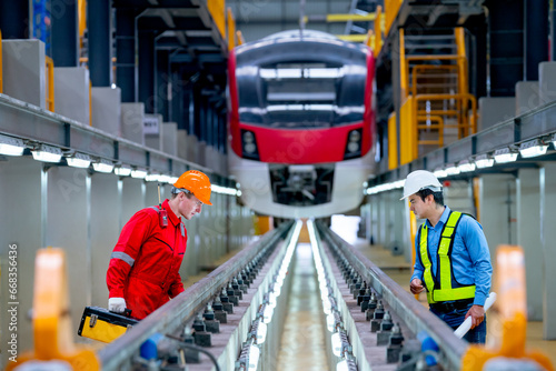 Professional engineer and technician workers discuss and stay in front of train to check function of railroad tracks of electrical or sky train in factory workplace.