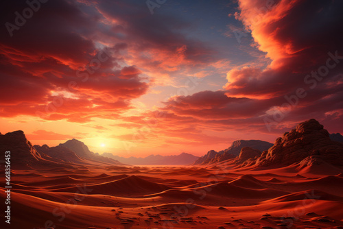 A vast desert landscape with rolling dunes and a brilliant sunset. Concept of solitude and natural beauty. Generative Ai.