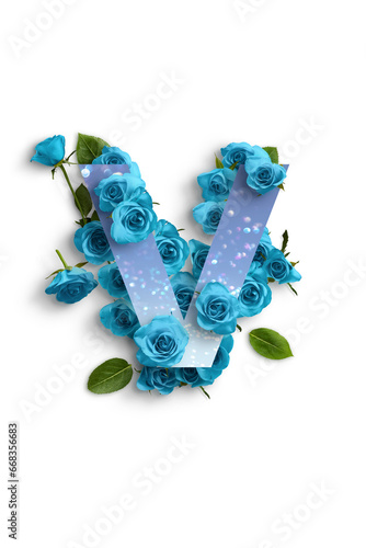 Alfabeto di carta con gruppo di rose blu  su sfondo bianco
