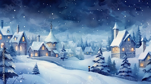 a watercolor christmas village scene with snowy cottages at night illuminated by glowing windows and street lights, vector, graphic design, white background, generative AI