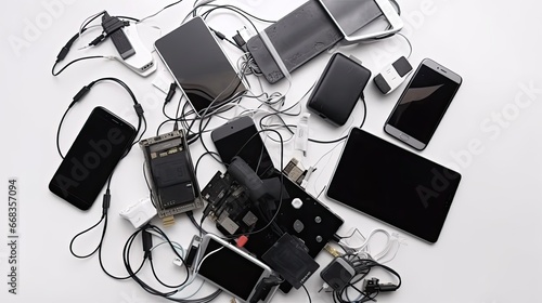  Top view to old digital tablet, mobile phones, cable, cords, used electronic gadgets devices on white table. Planned obsolescence, e - waste, electronic waste for recycling concept
