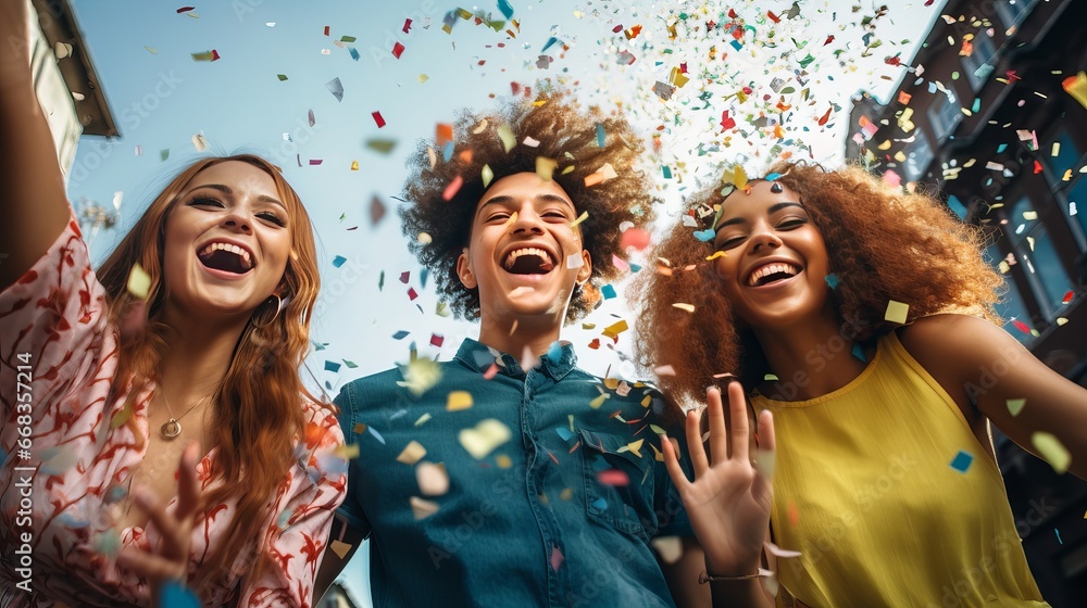 Fun in multiple colors. a joyful group of attractive young people dancing and flinging multicolored confetti Fun in multiple colors. a joyful group of attractive young people dancing and flinging multicolored confetti