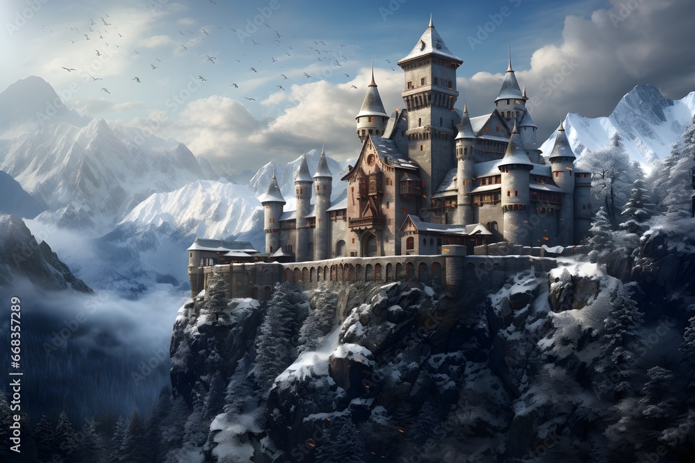 Abstract beautiful castle on the mountain in winter - obrazy, fototapety, plakaty 